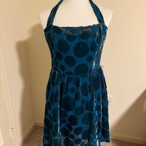 Patricia Field New York Halter Dress Velvet Polka Dot Teal Blue US 8